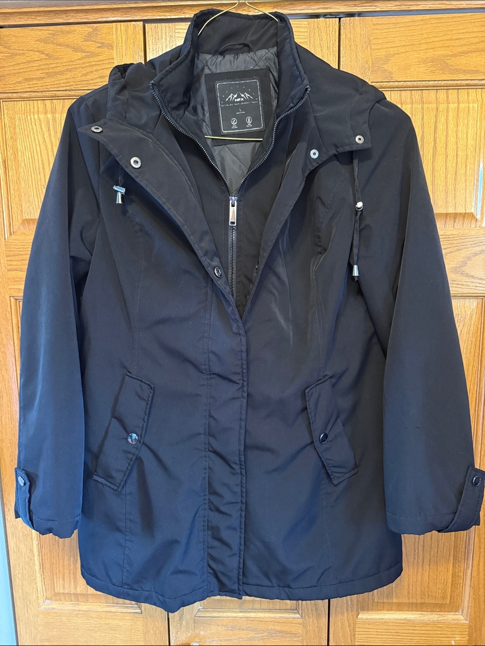HFX Water-Resistant Black Trench Coat with Hood- Large